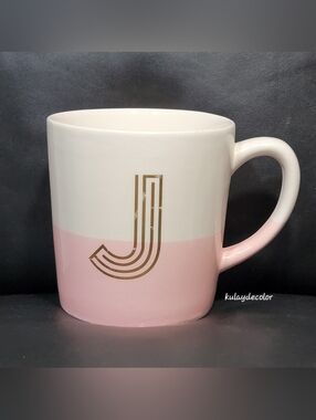 Modern Expressions Pink & White Monogram “J” Mug Gold Letter Ceramic Coffee Cup